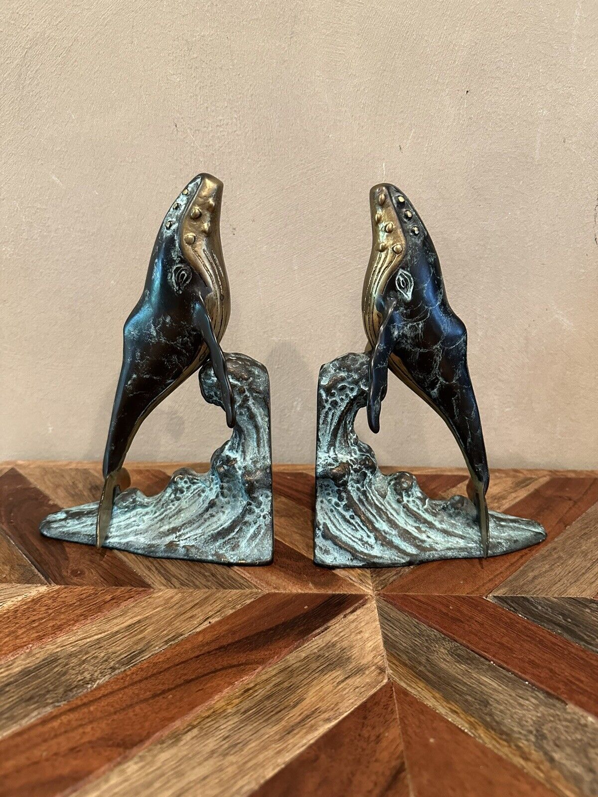 Vintage MCM Brass Humpback Whale Bookends 