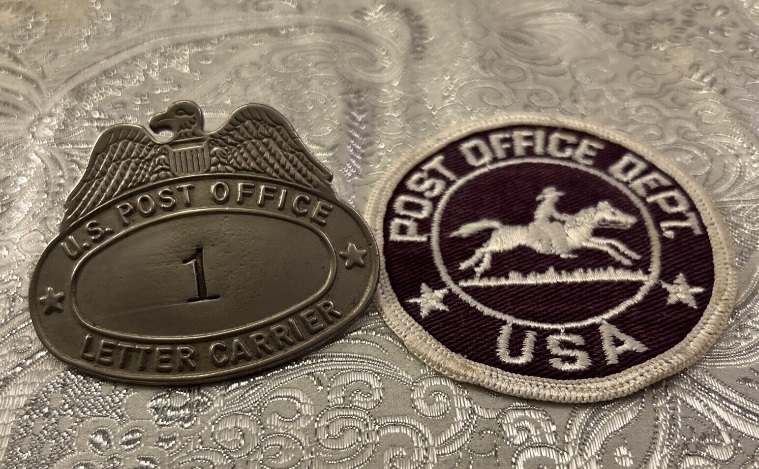 Vintage USPS US Post Office Mail Letter Carrier Metal Cap Badge #1 & Rare Patch