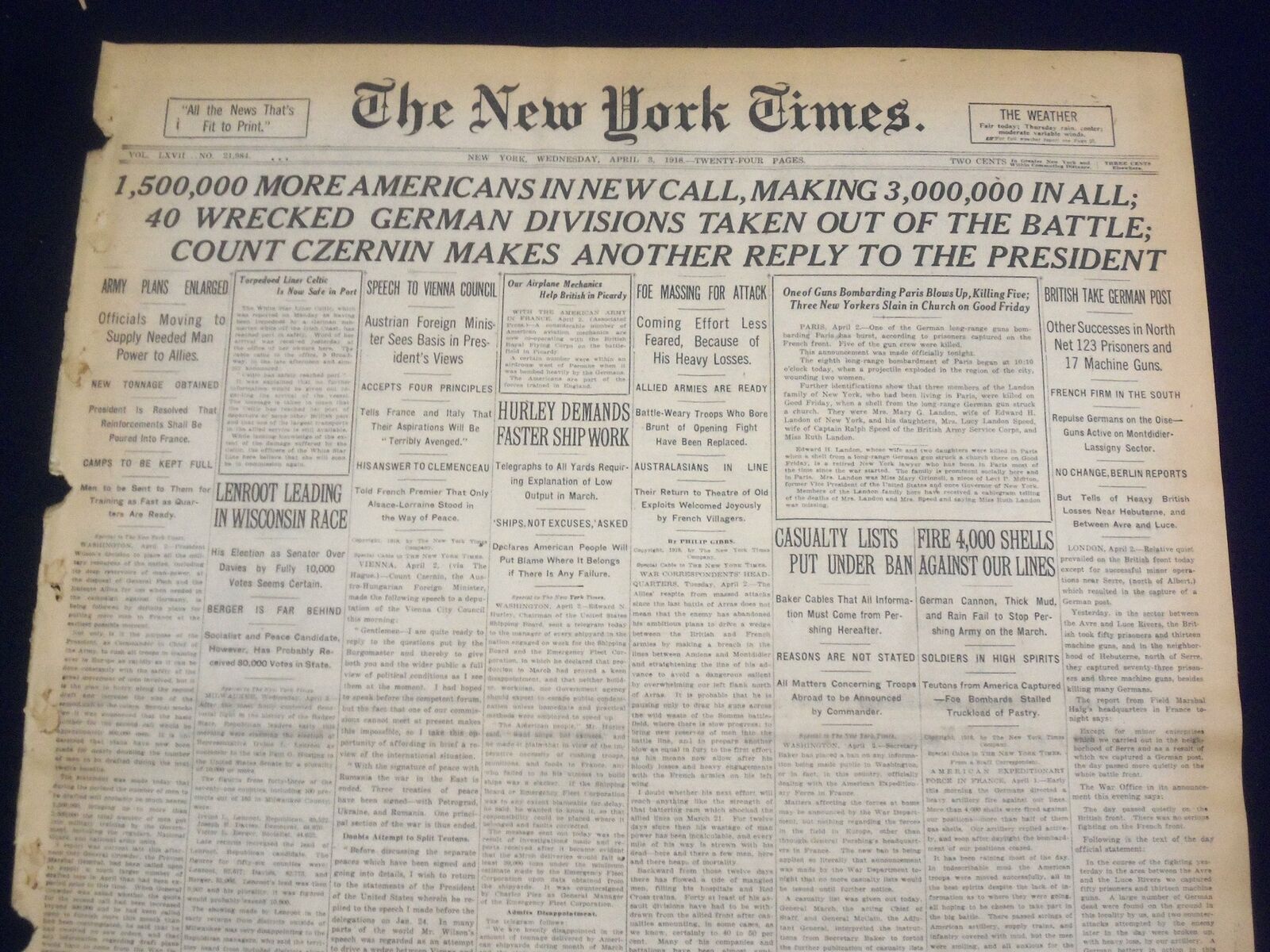 1918 APRIL 3 NEW YORK TIMES - 1,500,000 MORE AMERICANS IN NEW CALL - NT 8200