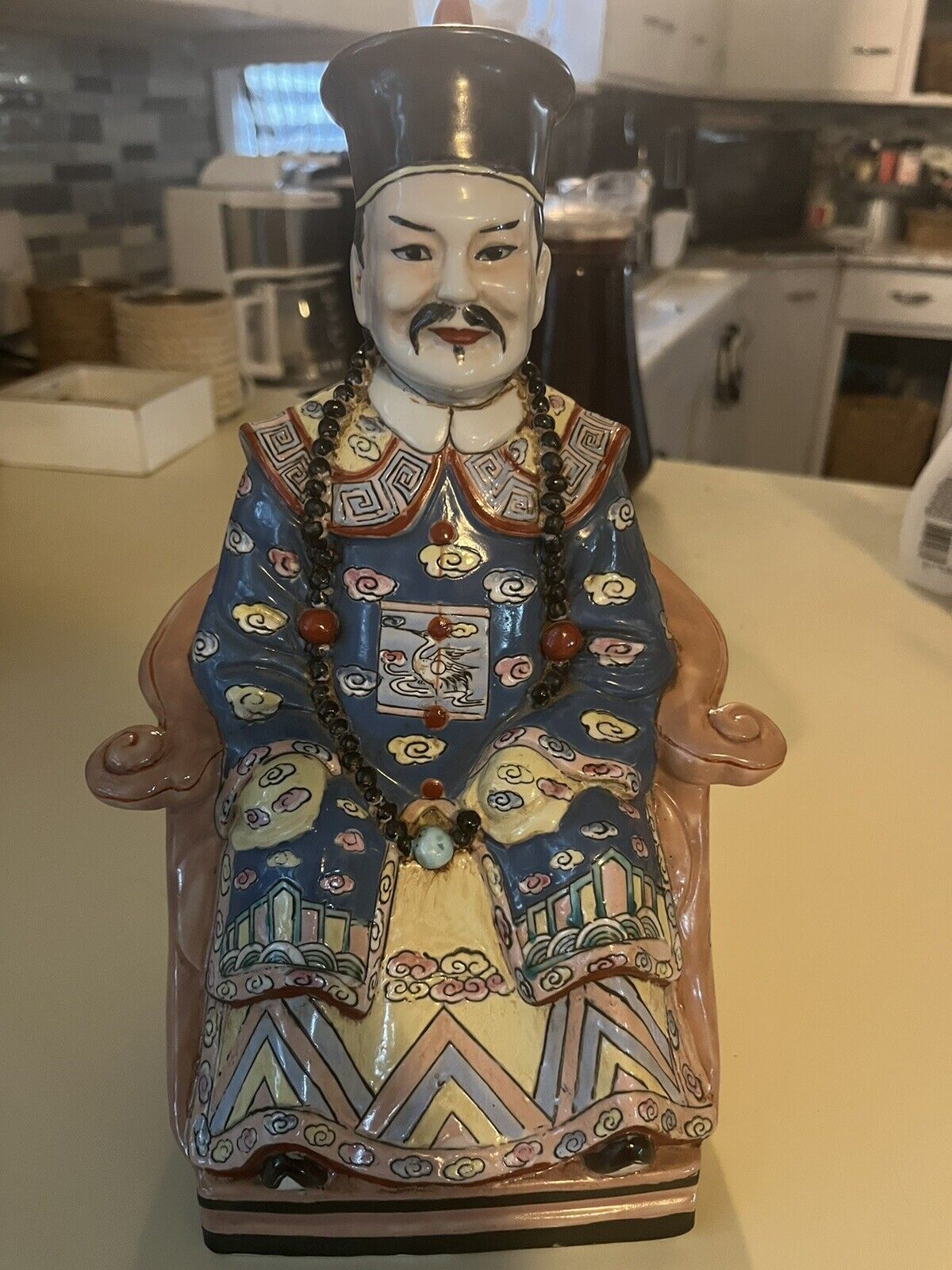 Antique Hand Painted Porcelain Chinese Emperor Statue Figurine