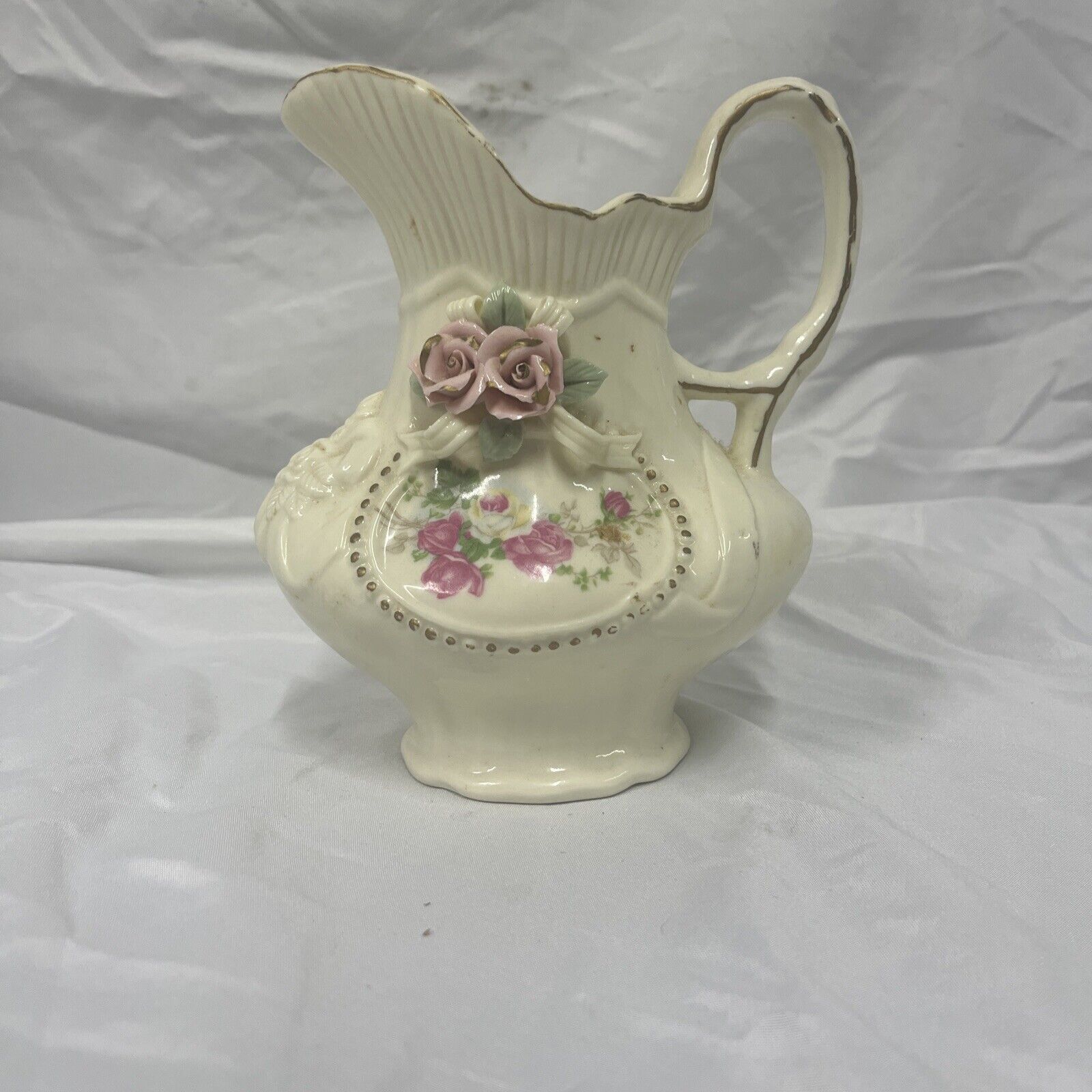 Vintage Ceramic Embossed Capodimonte Pitcher w/ Pink \
