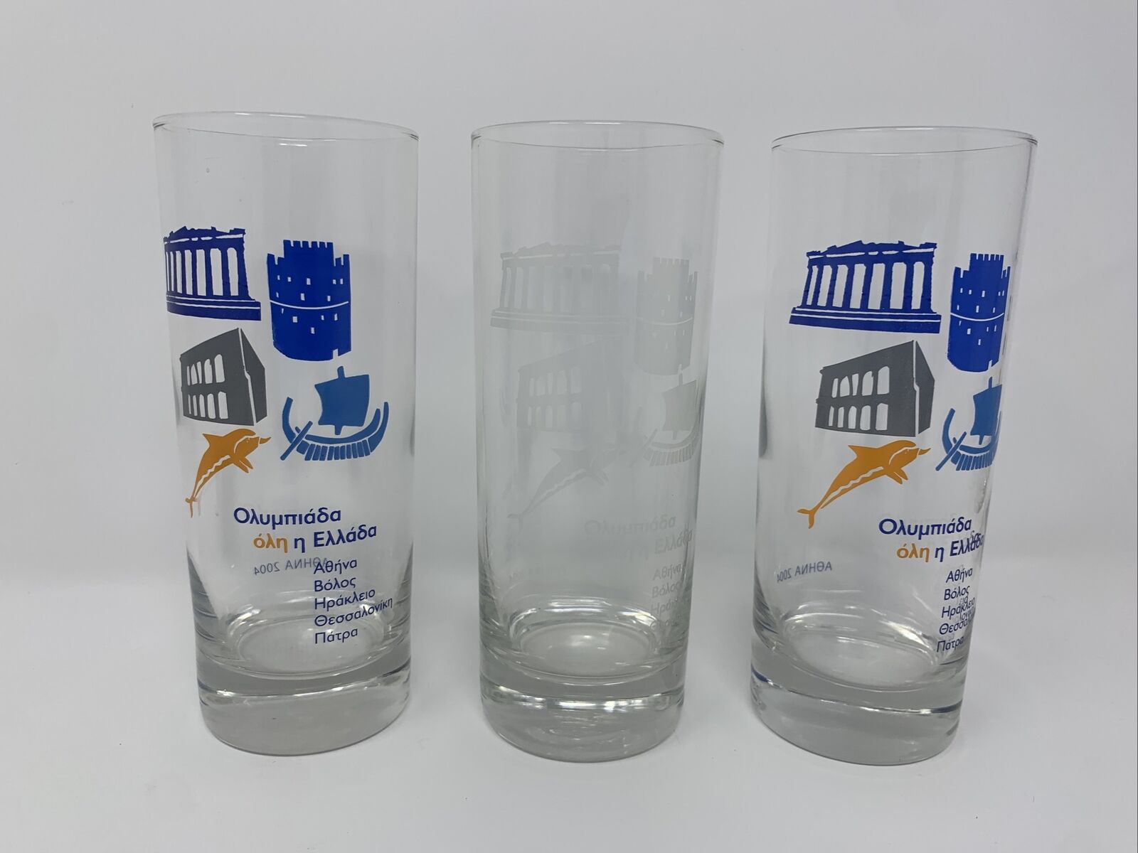 Three RARE 2004 Athens Olympics Phevos Ouzo Drinking Glasses - Immaculate Glass