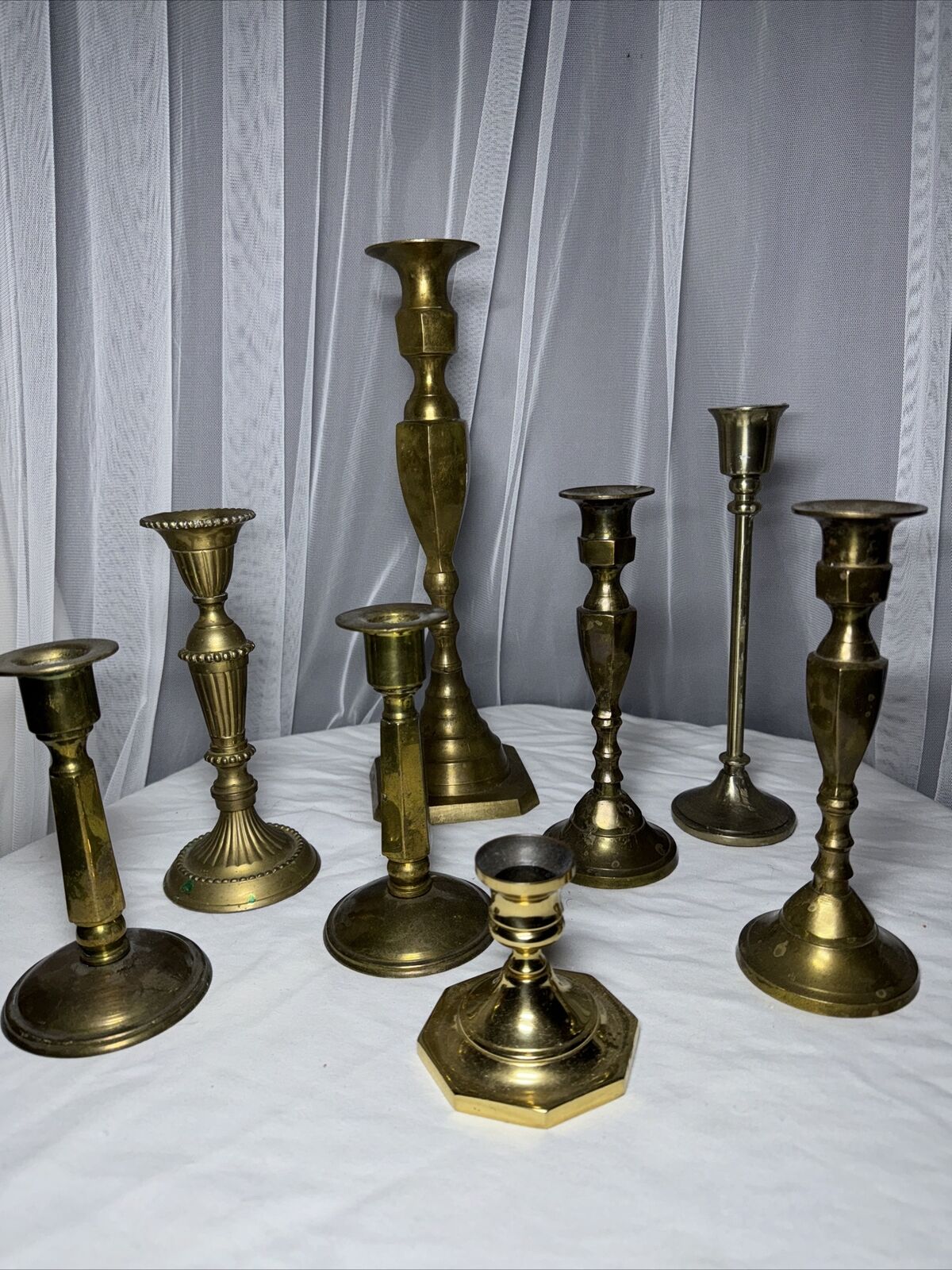 Vintage Lot Of 8 Solid Brass Mixed Taper Candlestick Holders MCM