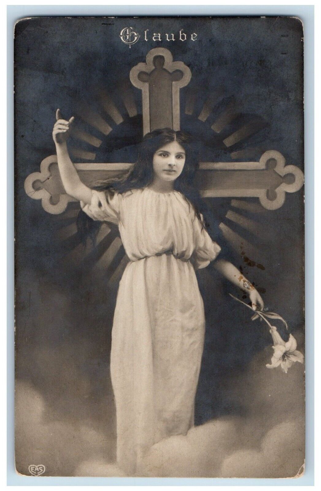 Easter Postcard RPPC Photo Pretty Girl With Flower Holy Cross c1910\'s Antique