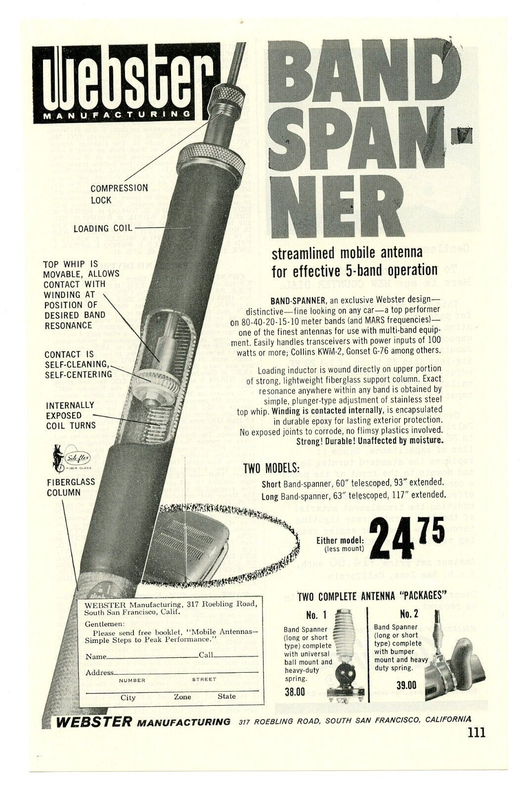 QST Ham Radio Mag. Ad WEBSTER MANUFACTURING BAND SPANNER Antenna (8/61)