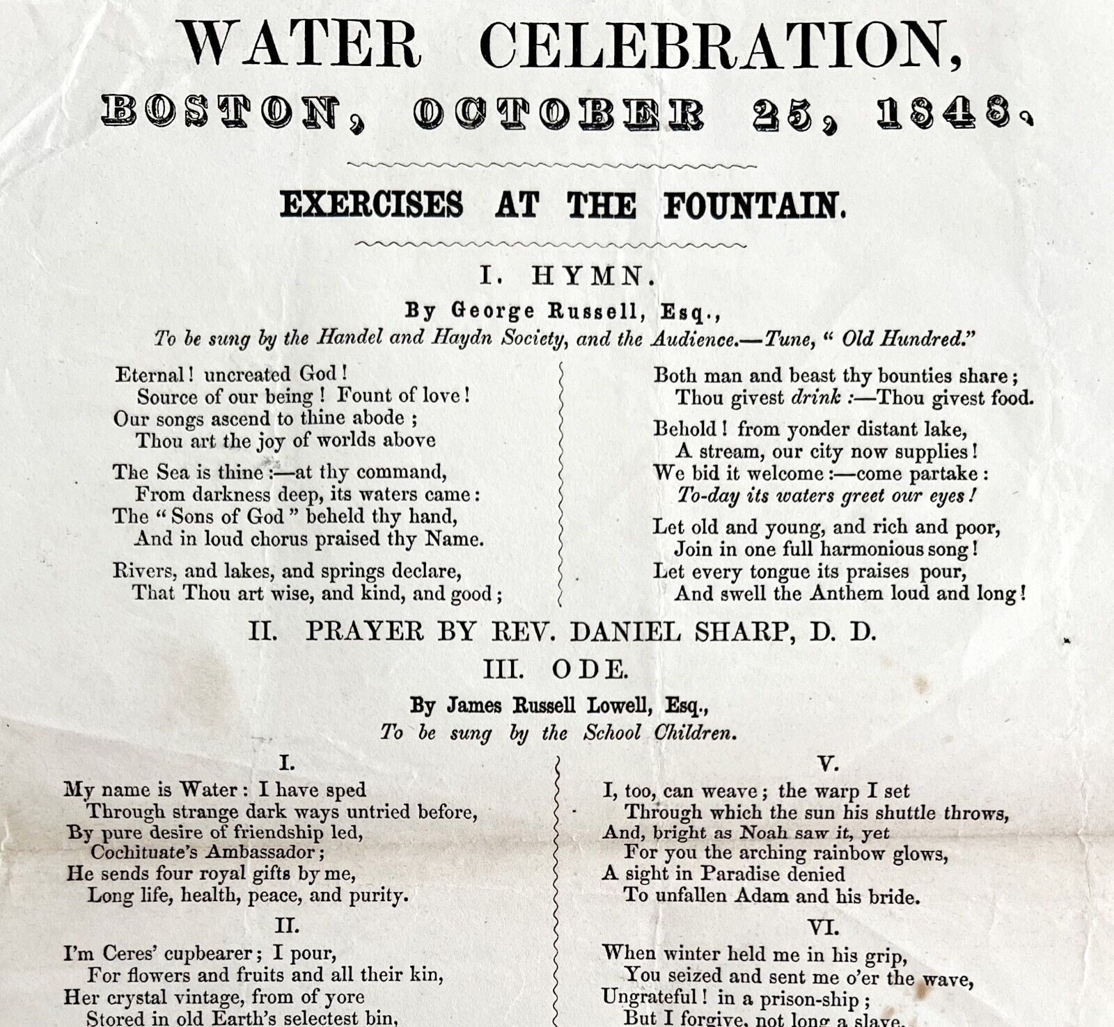 1848 Water Celebration Hymn Victorian Program Boston Nathan Hale RARE DWDD17