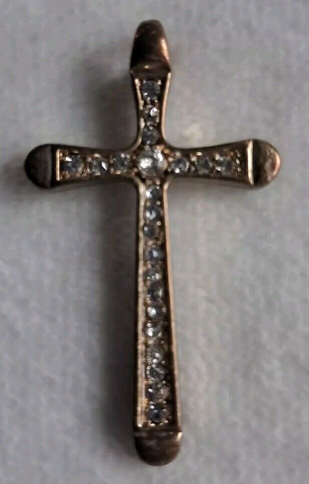 Vintage Christian Cross Pendant Gold Tone - Clear Jewels 1.5