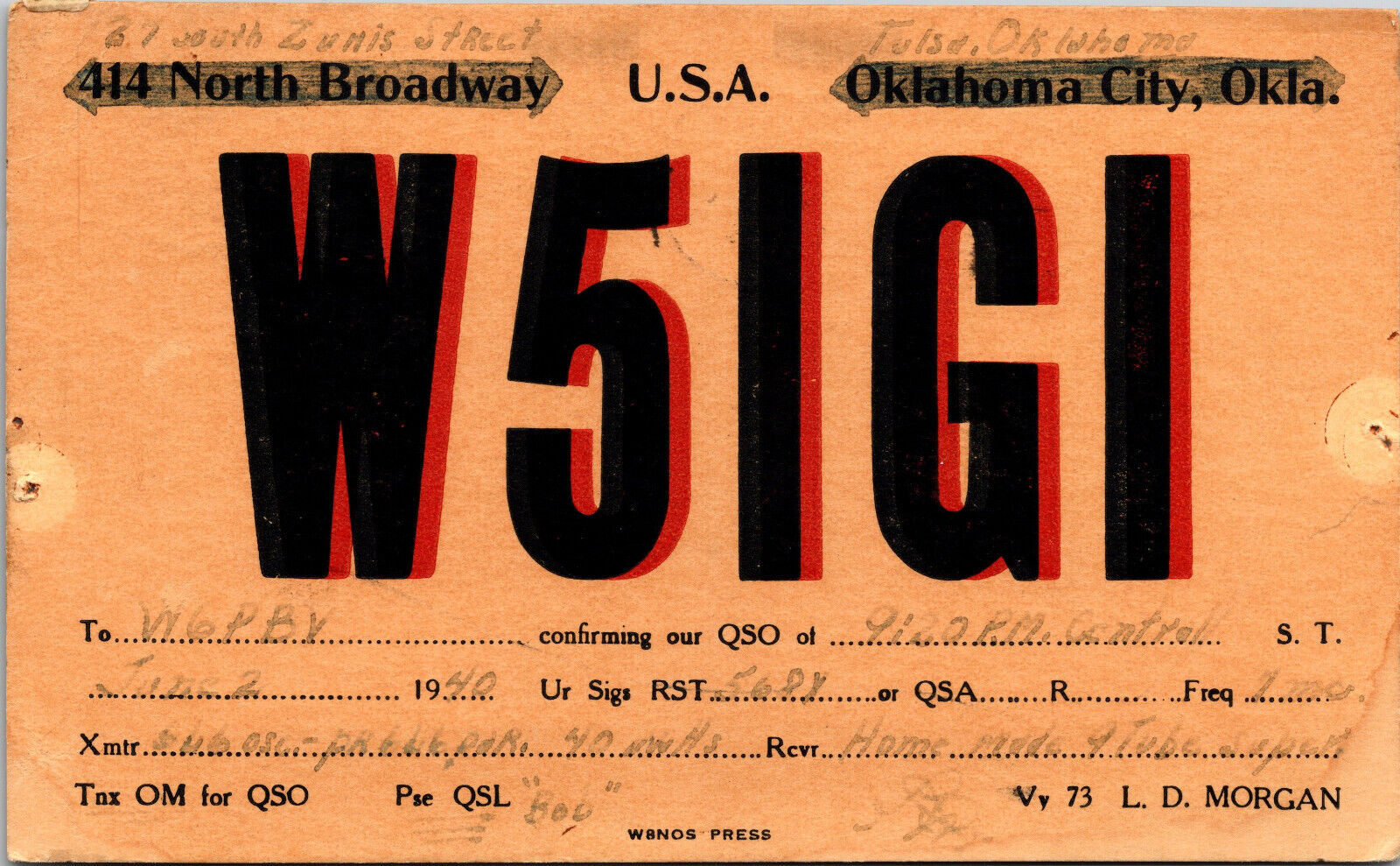 1940 W5IGI Tulsa Oklahoma Ham Radio Amateur QSL Card Postcard