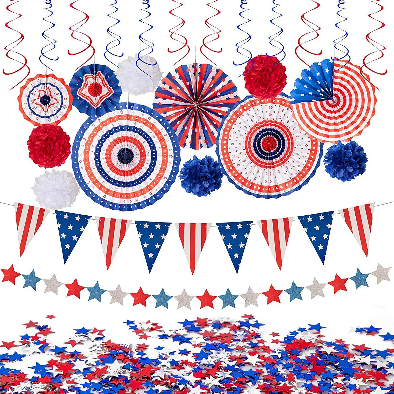 29PCS 4th/Fourth of July Patriotic Decorations Set-Red/White/Blue Paper Fans USA