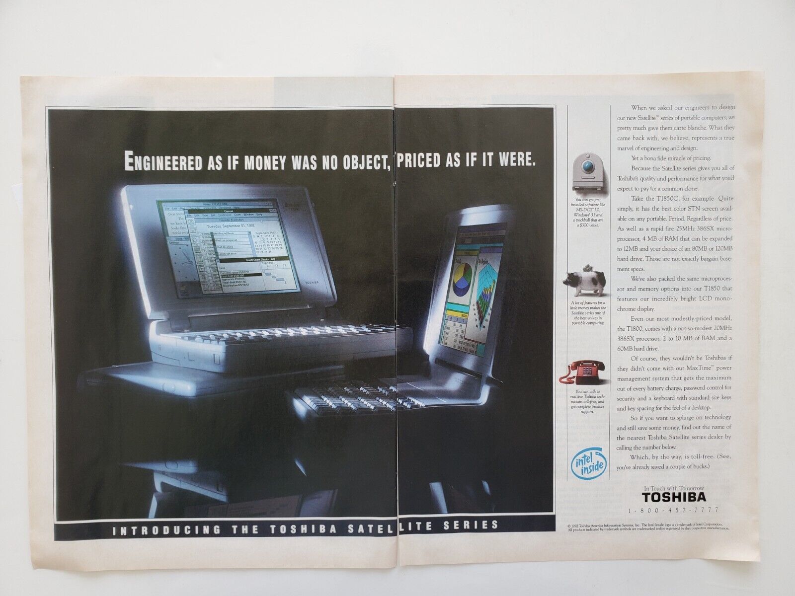 Toshiba Satellite Series Portable Computers T1850C, T1800 1992 Vintage Print Ad