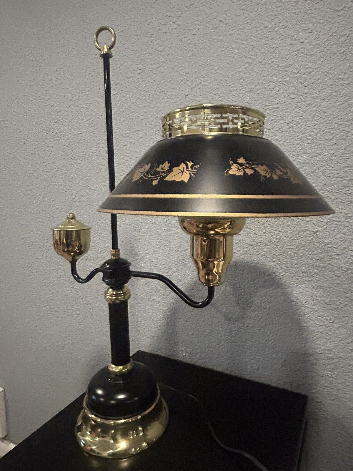 Vtg Antique Solid Brass French Bouillotte Table Lamp Original Metal Tole Shade