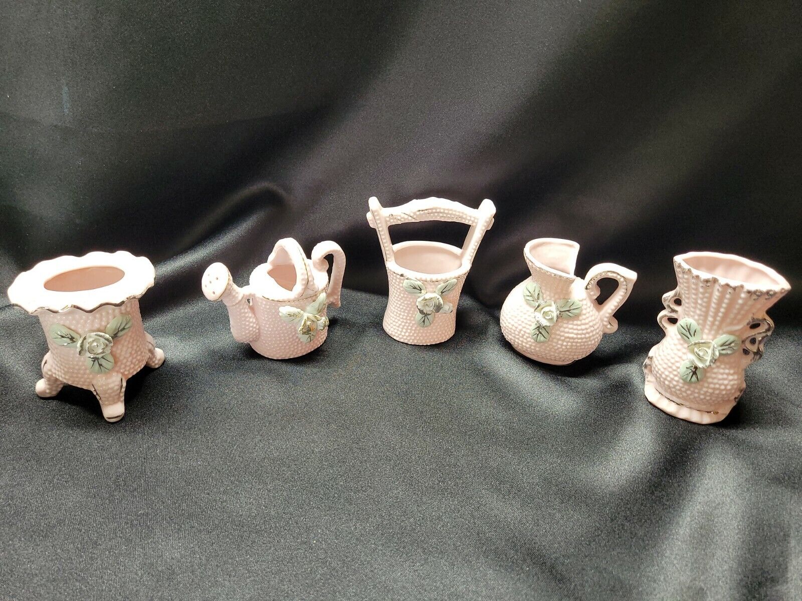 Porcelain Vintage 3D Flower Boutique Vase Water Can Well Pitcher 5 pc. Pink Set 