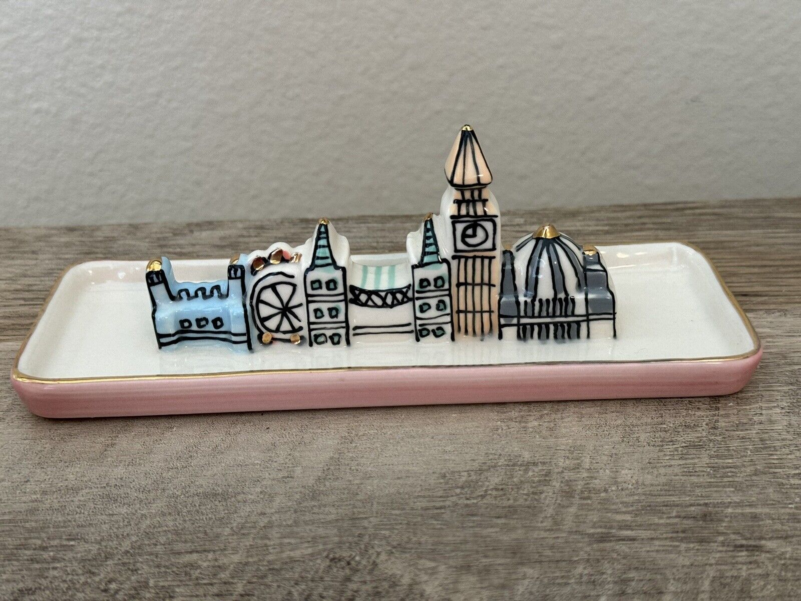 Anthropologie London Trinket Dish Dimensional Pink Gold Accents City Scape