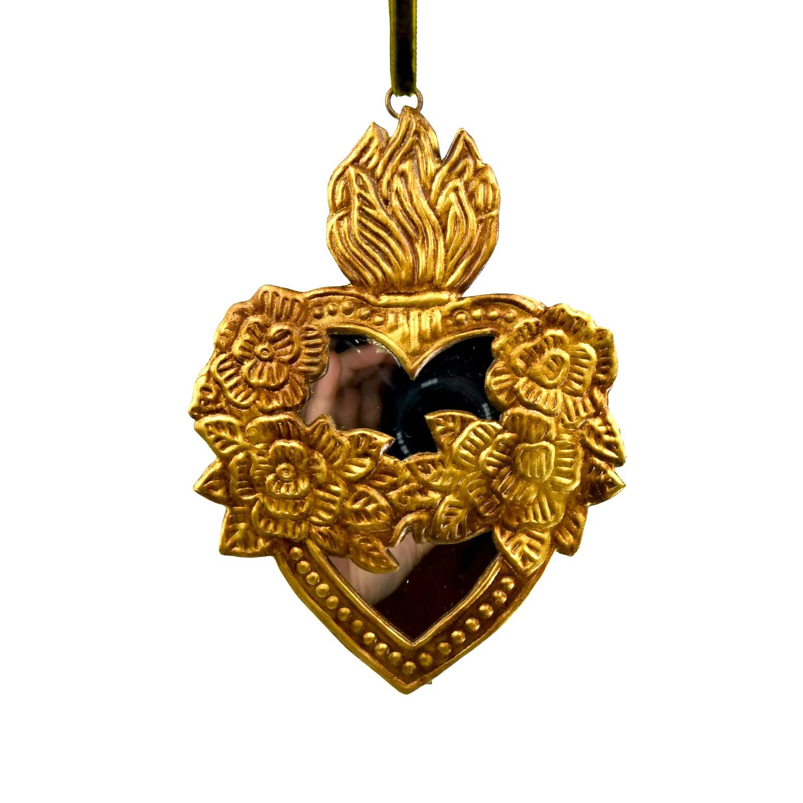 6in Sacred Heart Ex Voto Mirror with Roses, Antiqued Gold Milagro Ornament
