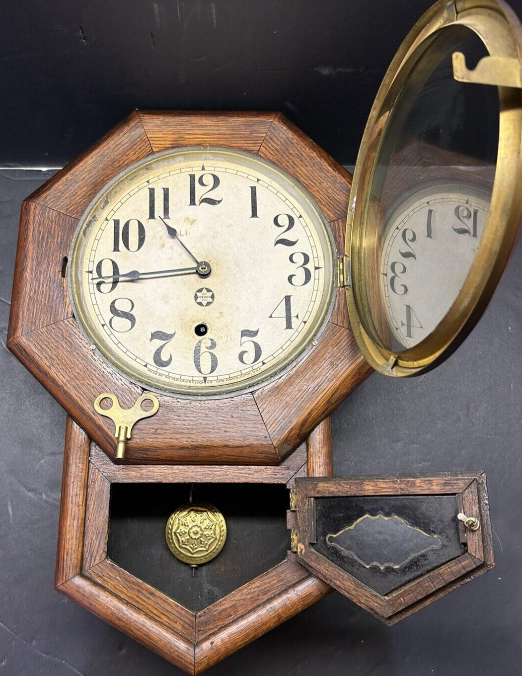 Antique 1851 New Haven 18” School House Anglo-American Octagon Top Wall Clock