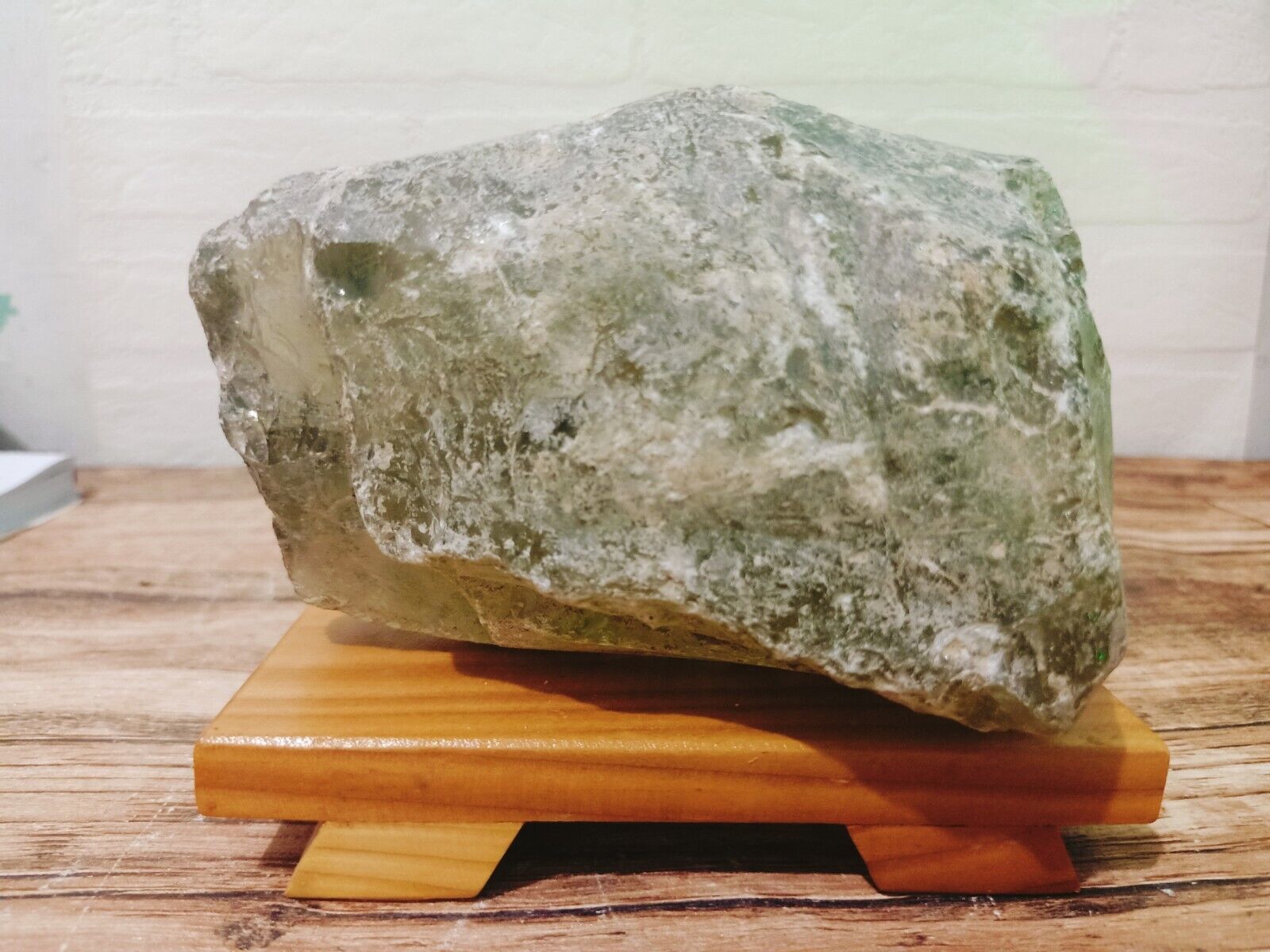 1518 Grams Soft Green Monatomic Andara Crystal with Wood Base