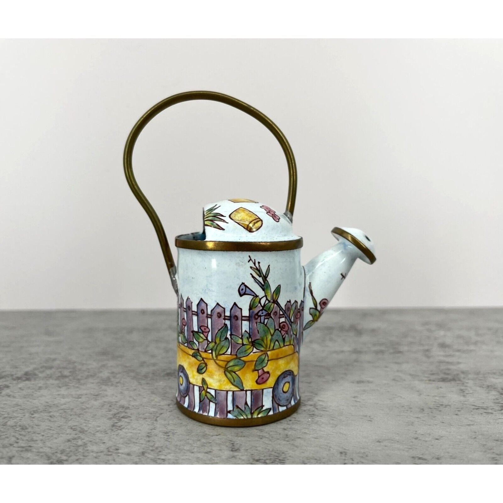 Vintage Empress Arts Mini Enamled Watering Can Floral Garden Fence 2000