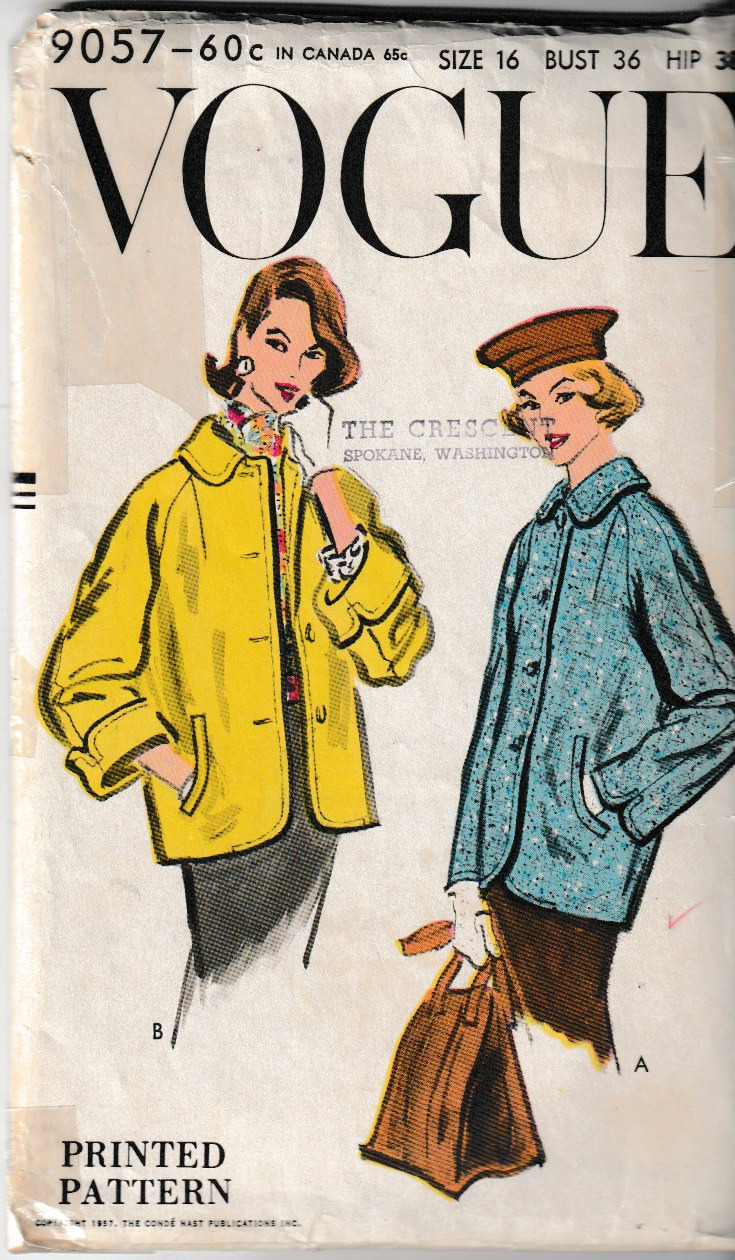 Vintage Vogue Pattern 9057 c1957, Misses Coat/Box Jacket, Size 16; FF
