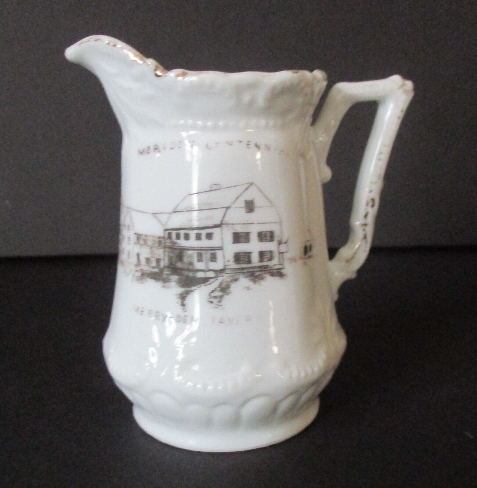 1906 Souvenir Porcelain Creamer Meriden Centennial Merry Den Tavern Connecticut