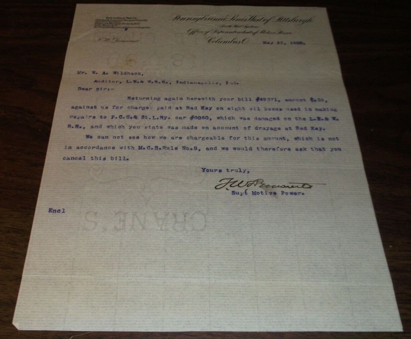 MAY 1900 PENNSYLVANIA RAILROAD PRR LINES WEST LETTER TO LAKE ERIE & WESTERN 