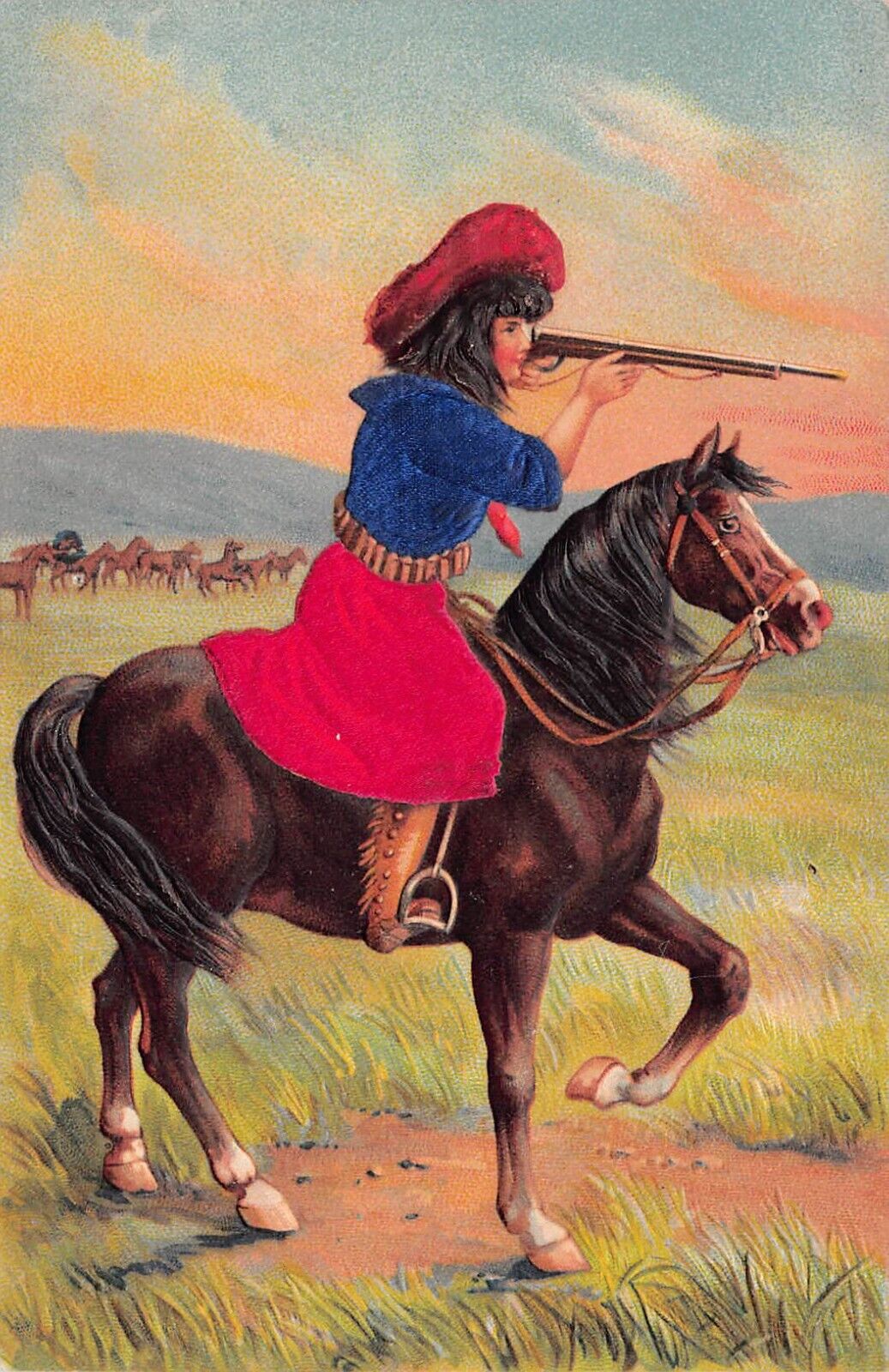 American Wild West Cowgirl Western Brunette Girl Bronco Hunting Vtg Postcard A57