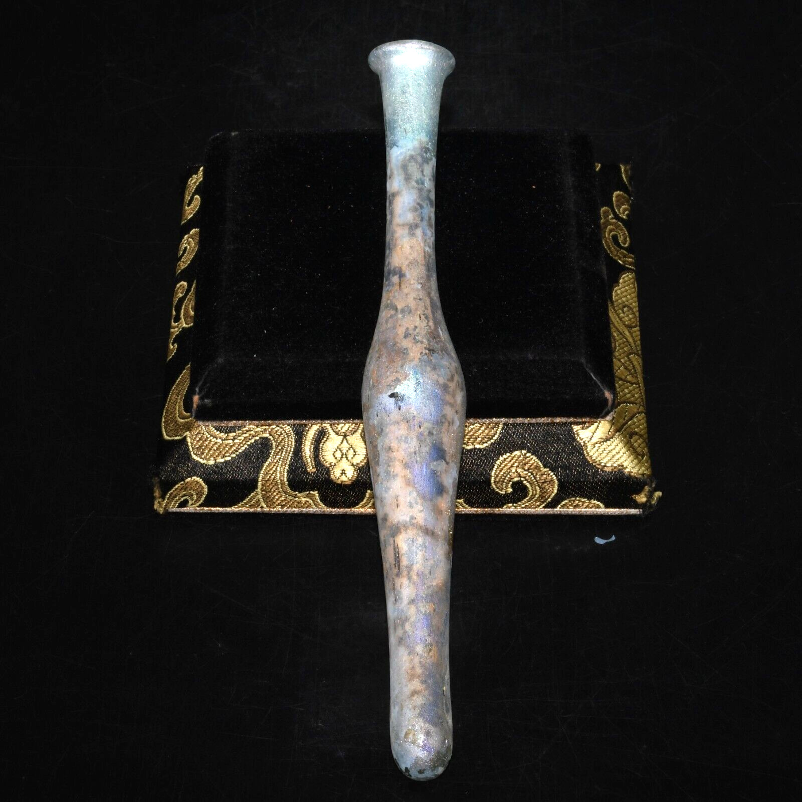 Ancient Roman Glass Intact Medical Vessel with Long Neck and Iridescent Patina