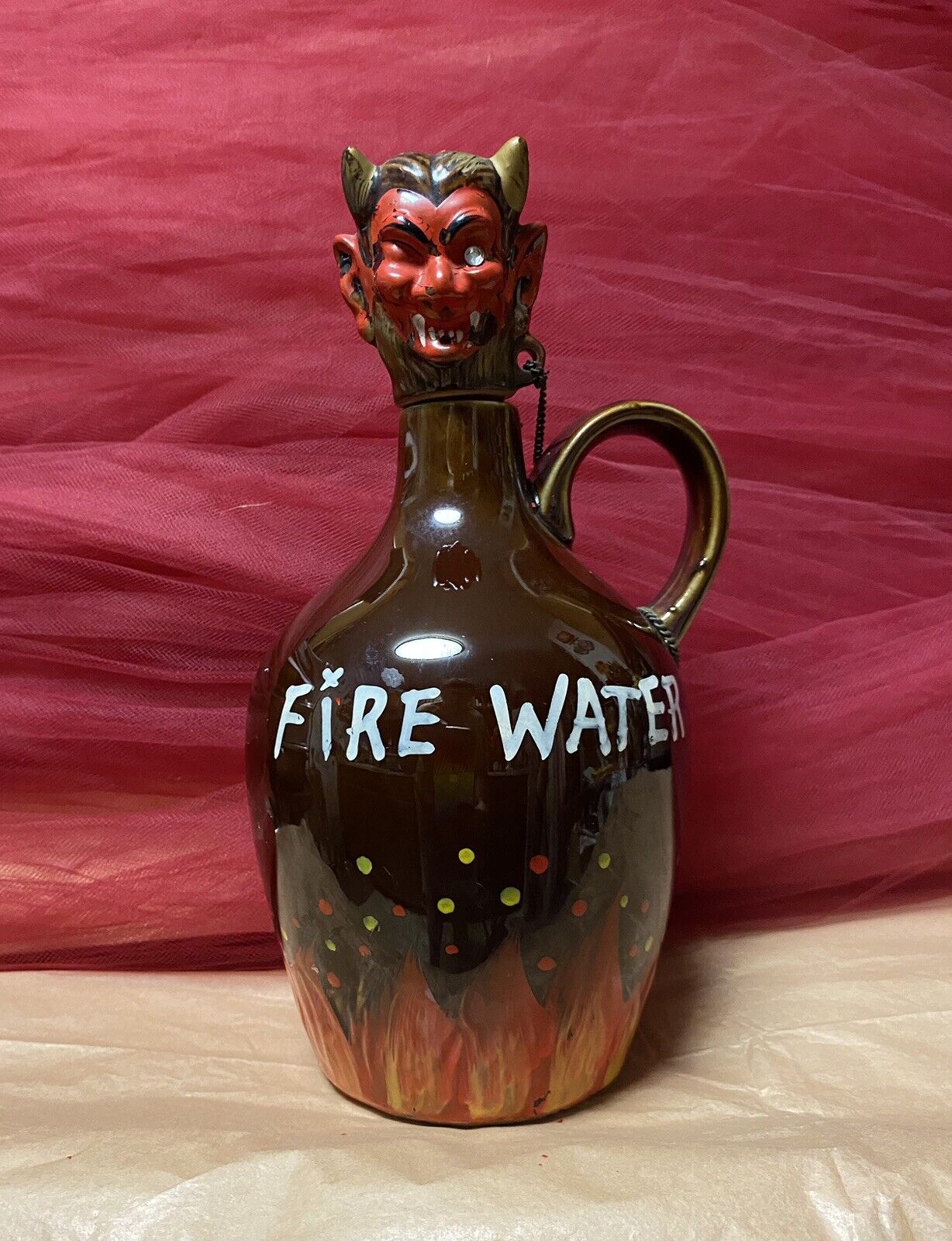 Vintage Fire Water Brown/Flames Ceramic Jug Decanter Devil Head Stopper Japan