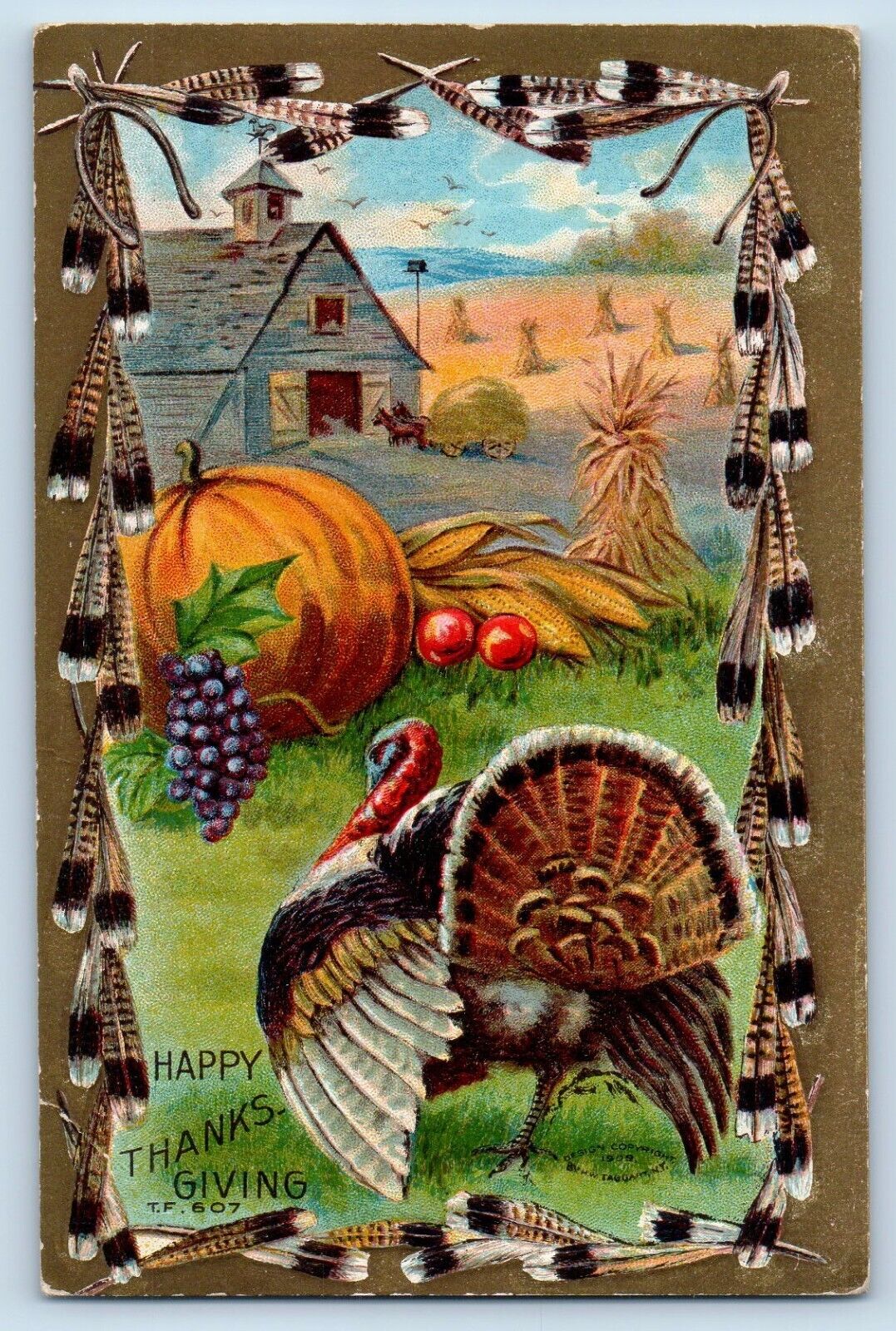 Thanksgiving Postcard Turkey And Pumpkin Fruits Horses Wagon Hay Embossed c1910s