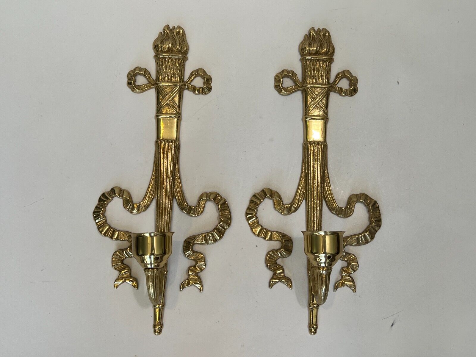 Vintage Pair Bombay Brass Wall Sconces Torch & Ribbon Candle Holders w/Shade
