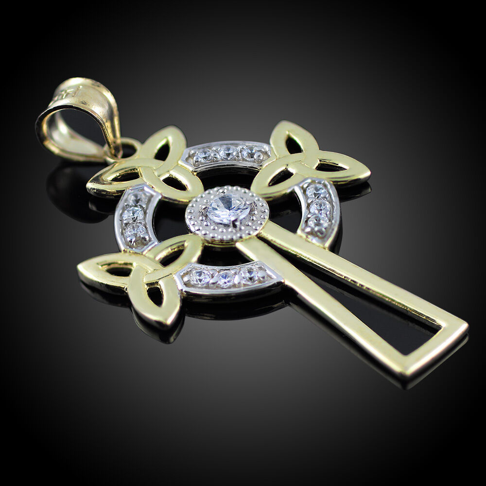 14k Two-Tone Gold Celtic Cross Trinity Knot Diamond Pendant Made in USA