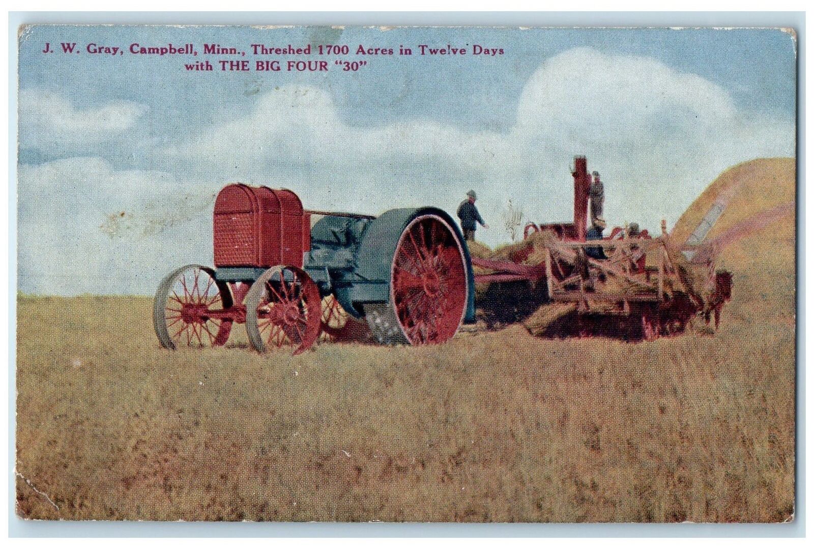 c1910 J.W. Gray Harvesting The Big Four 30 Machinery Campbell Minnesota Postcard