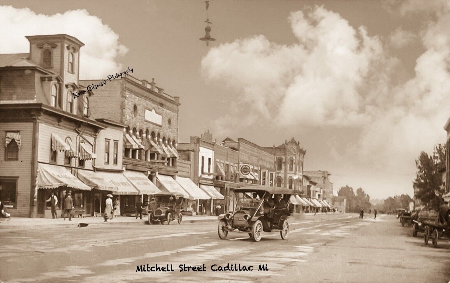 RPPC Photo Cadillac Michigan, Mitchell St., Vintage Downtown Scene