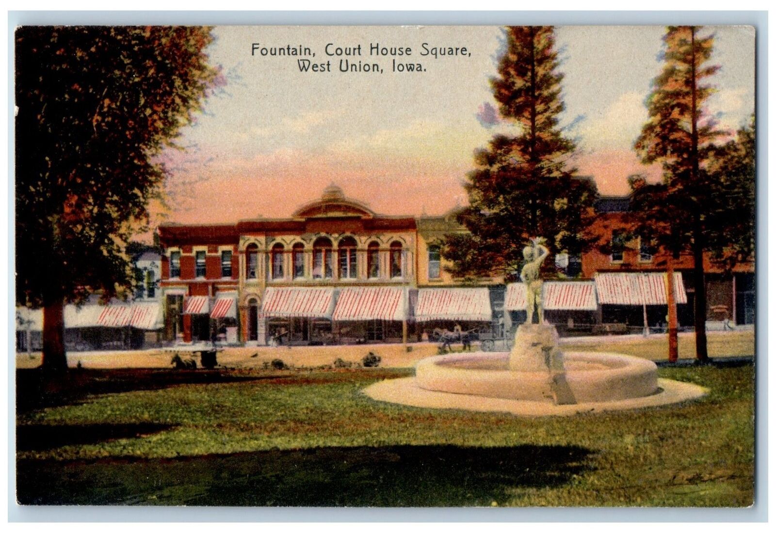 c1950\'s Fountain Court House Square Statue West Union Iowa IA Antique Postcard