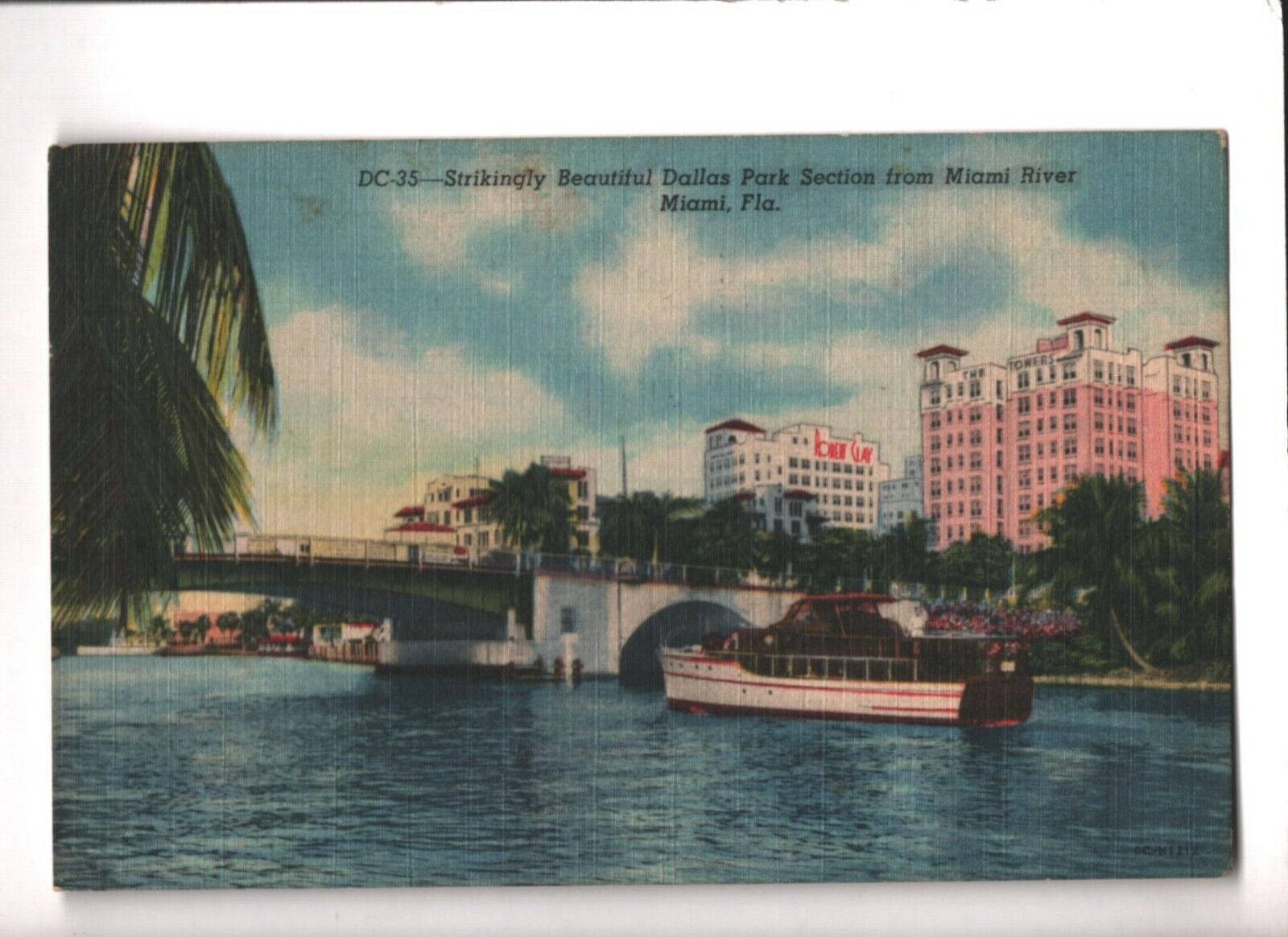 Postcard Miami FL Florida Dallas Park River Boat Bridge Linen 1957 Cancel