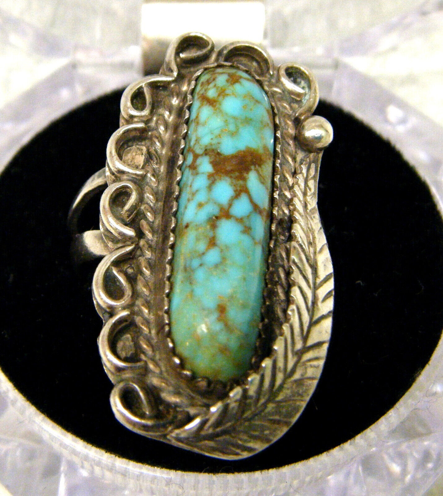 Vintage 'Old Pawn' Navajo Blue Green Royston Turquoise Feather Sterling Ring