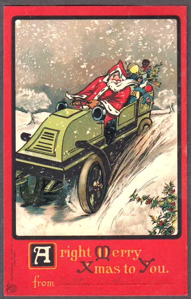 Rare~Santa Claus  in Green Car with Toys~Snow~Antique~Christmas Postcard~k473