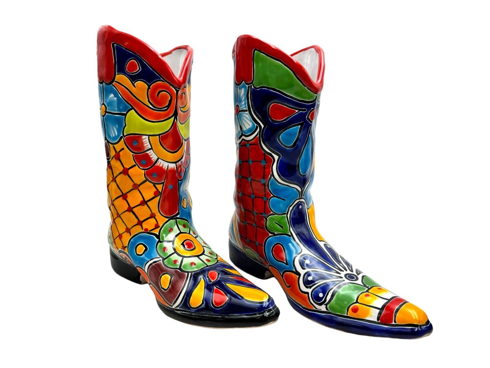 Talavera Cowboy Boot Planter Pot Home Decor Folk Art Mexican Pottery Height 12\