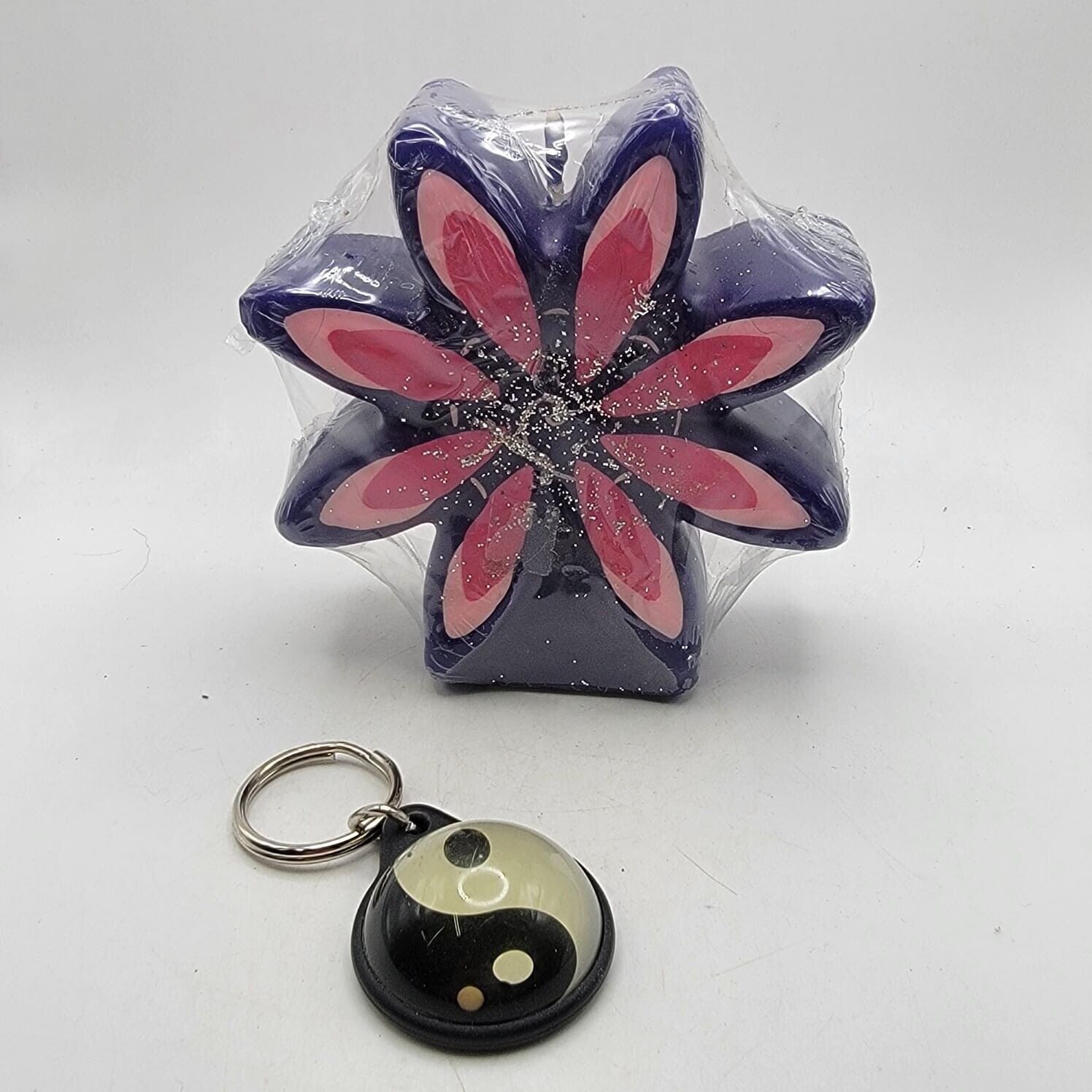 Vintage 1990s Candle Aesthetic Flower Candle Pink Purple & Ying Yang Keychain