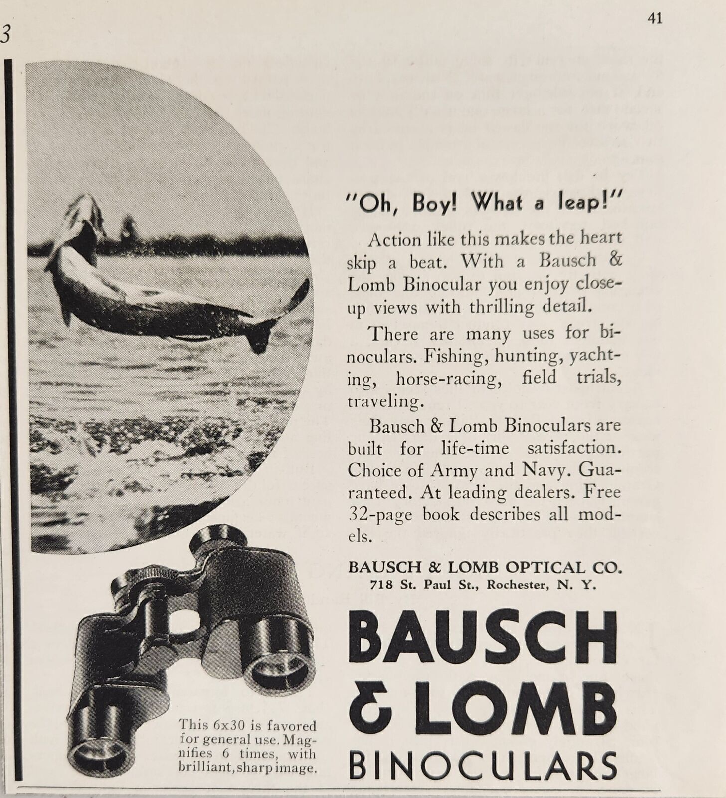 1933 Print Ad Bausch & Lomb Binoculars Huge Fish Jumping Rochester,New York