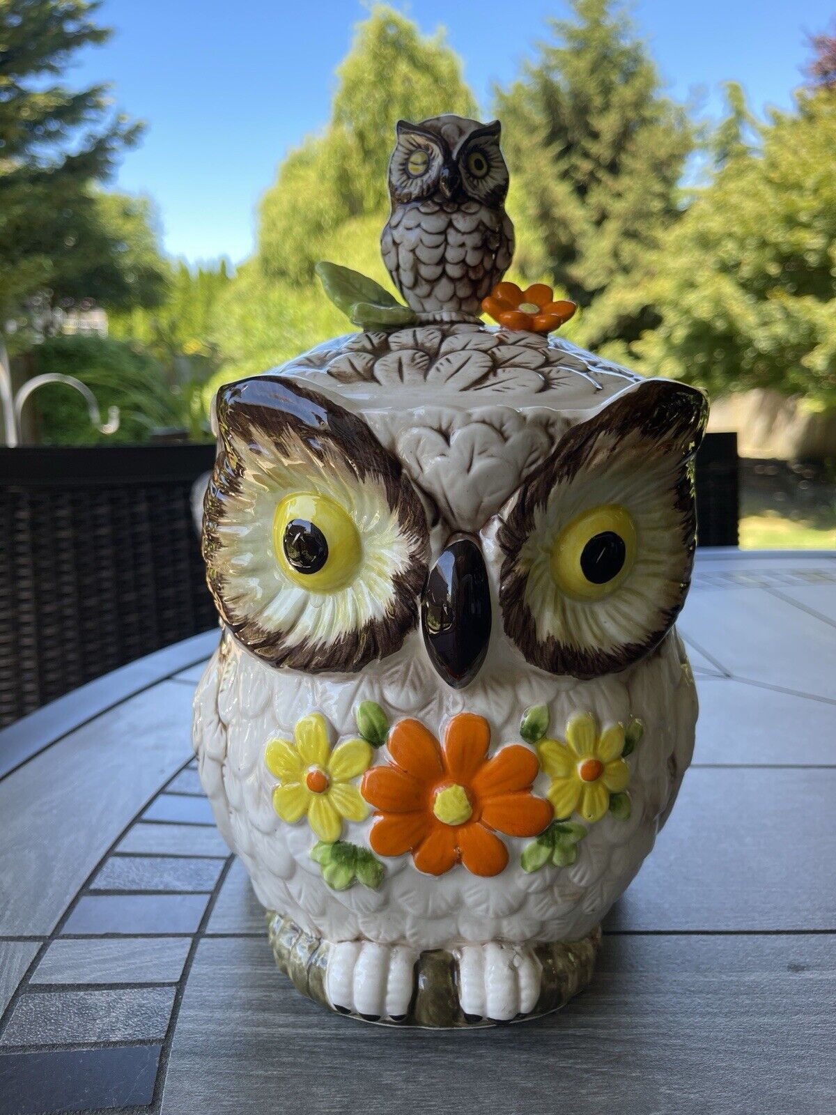 Vintage 1970’s Owl Cookie Jar With Winking Baby On Top &Flowers  Japan Pristine