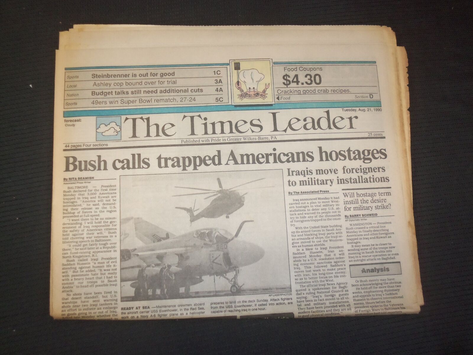 1990 AUGUST 21 WILKES-BARRE TIMES LEADER -BUSH CALLS AMERICAN HOSTAGES - NP 7523