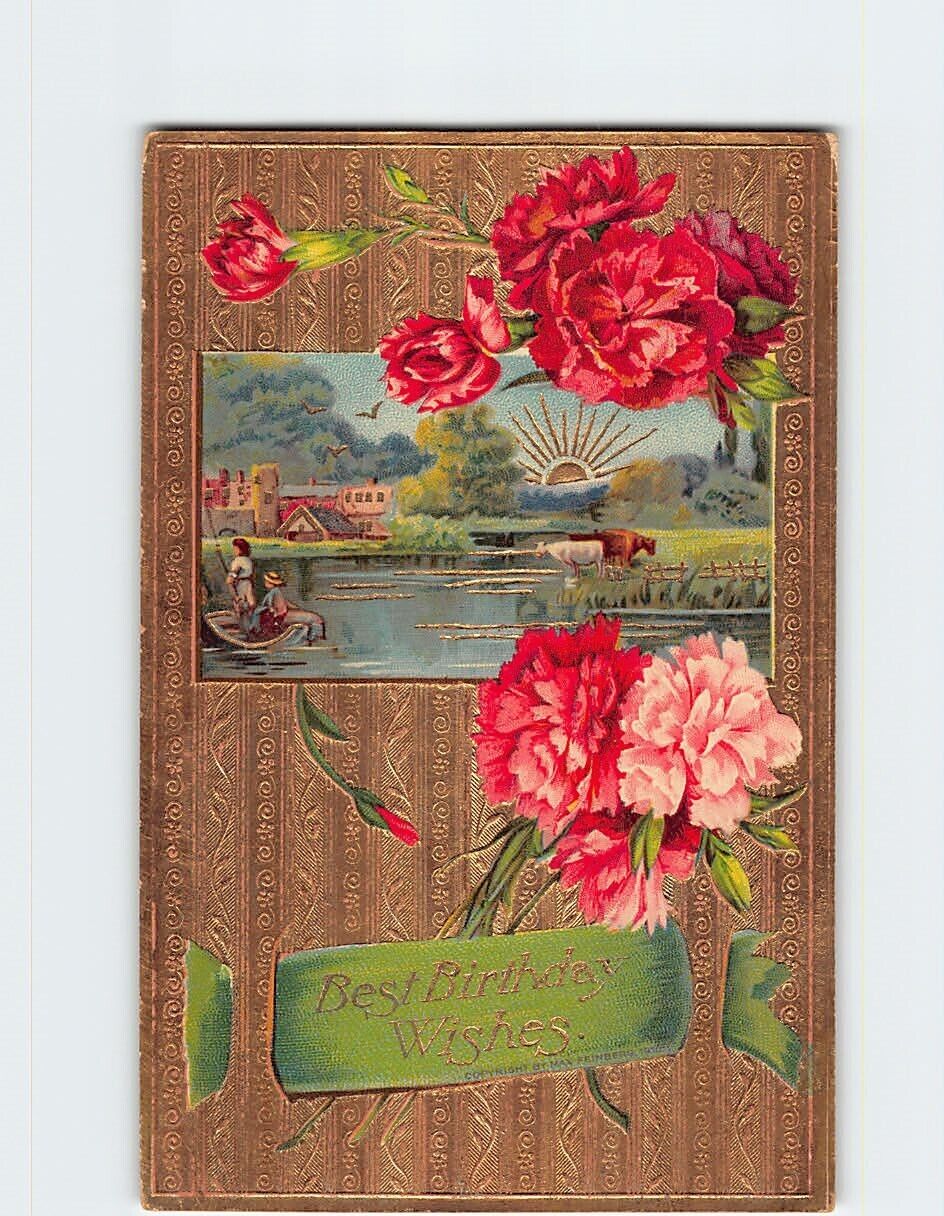 Postcard Best Birthday Wishes Nature Scene Flower Art Print Embossed Card