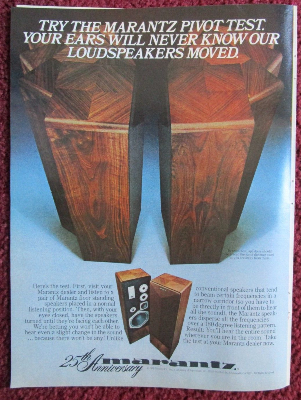 1978 MARANTZ Floor Home Stereo Speakers Print Ad ~ 25th Anniversary, Pivot Test