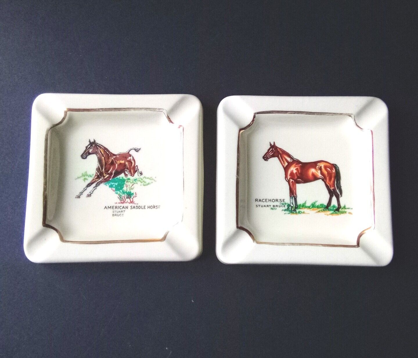 Vintage Stuart Bruce Racehorse and American Saddle Horse Porcelain Ashtrays.