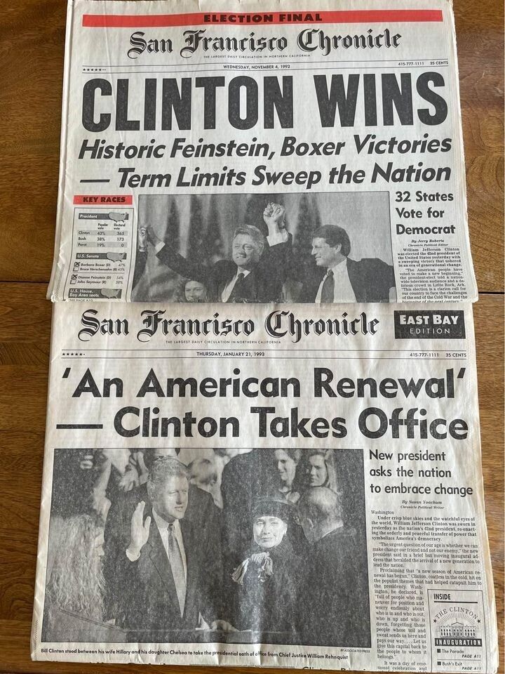 Two Editions Newspaper San Francisco Chronicle November 4, 1992, and January 25