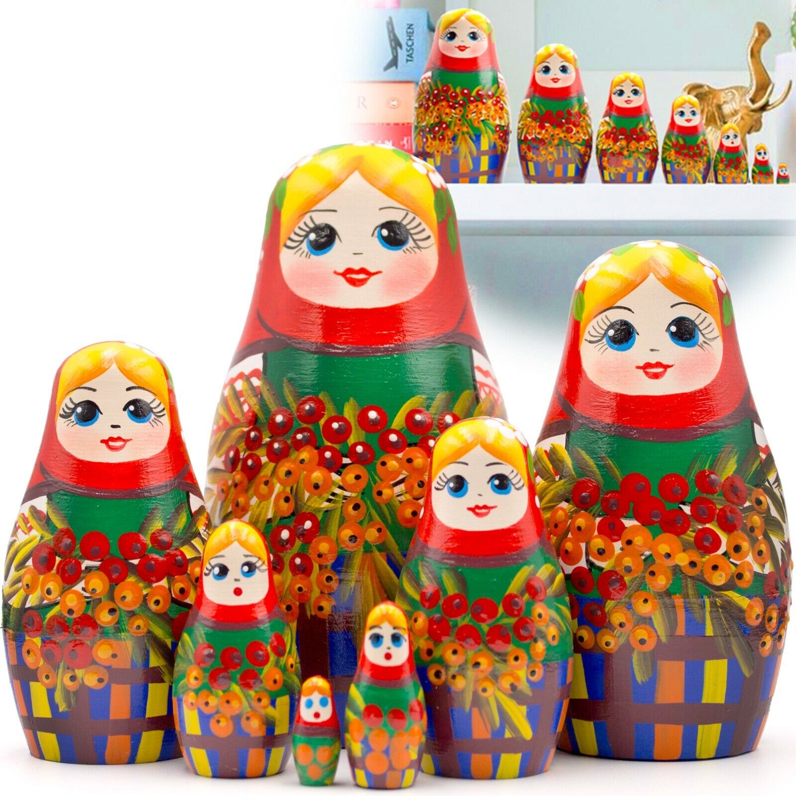 Matryoshka Dolls Set of 7 pcs - Russian Doll in Sarafan Dress with Rowan Branch