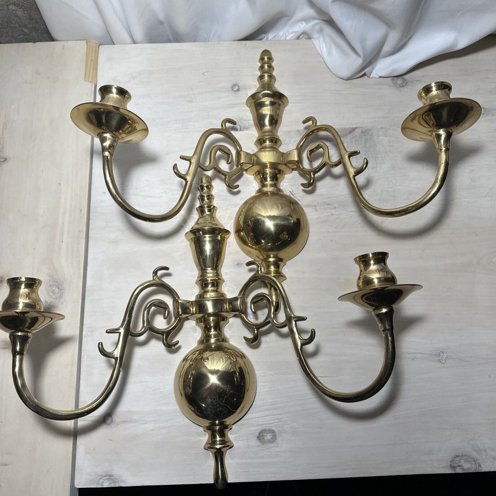Pair Of Brass Candle Holder Sconces 2 Arm 16.5x14.5”