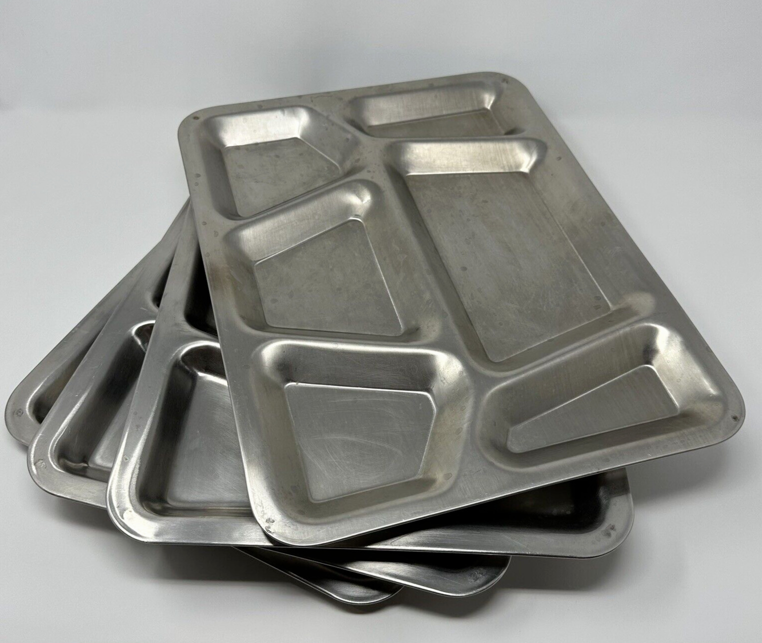 4 USN Military Metal Divided Trays Cafeteria Stainless Steel 6 Compartments Used