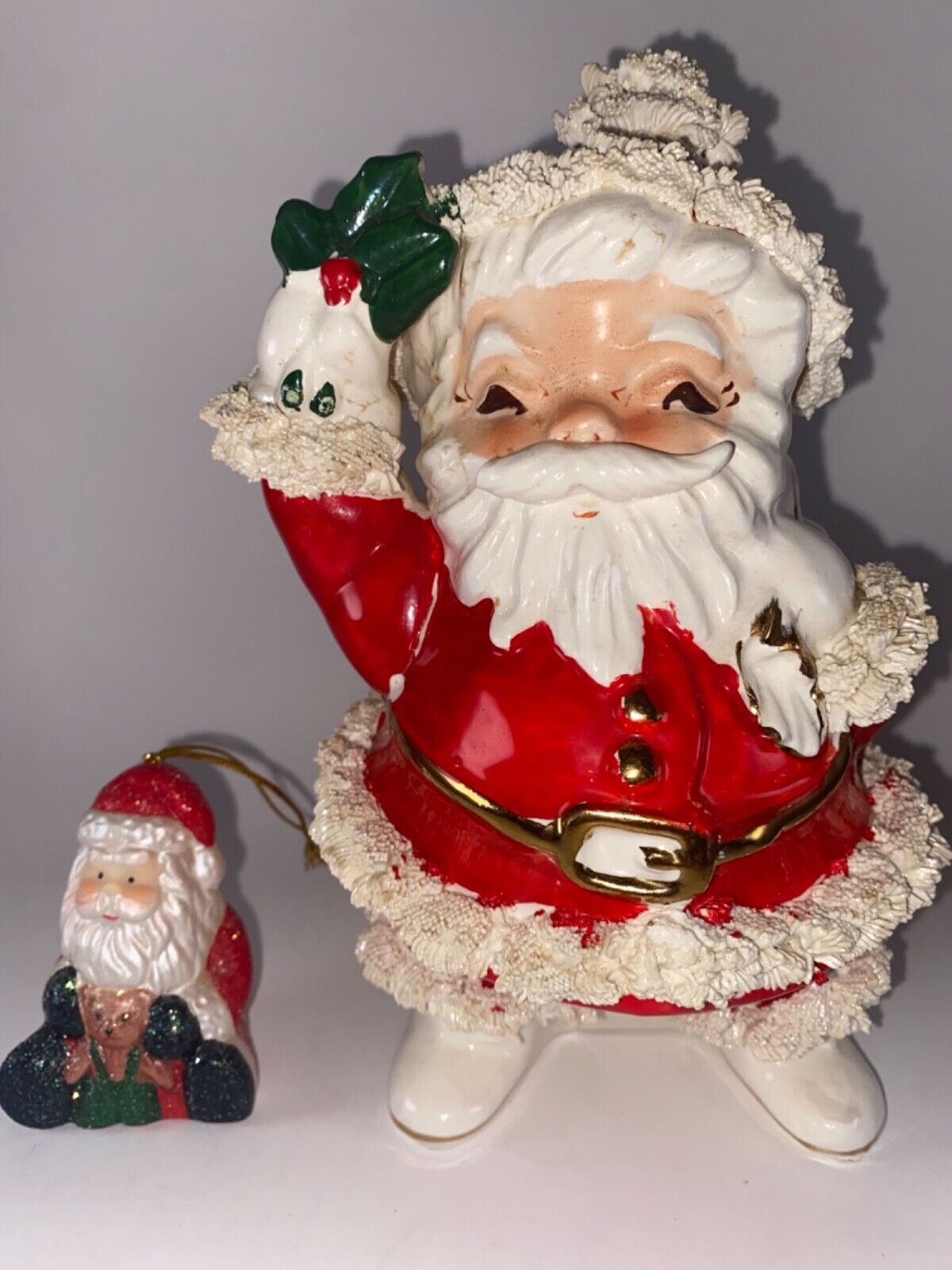 Vintage 1950's Spaghetti Santa Claus & Ceramic Glitter ornament antique 
