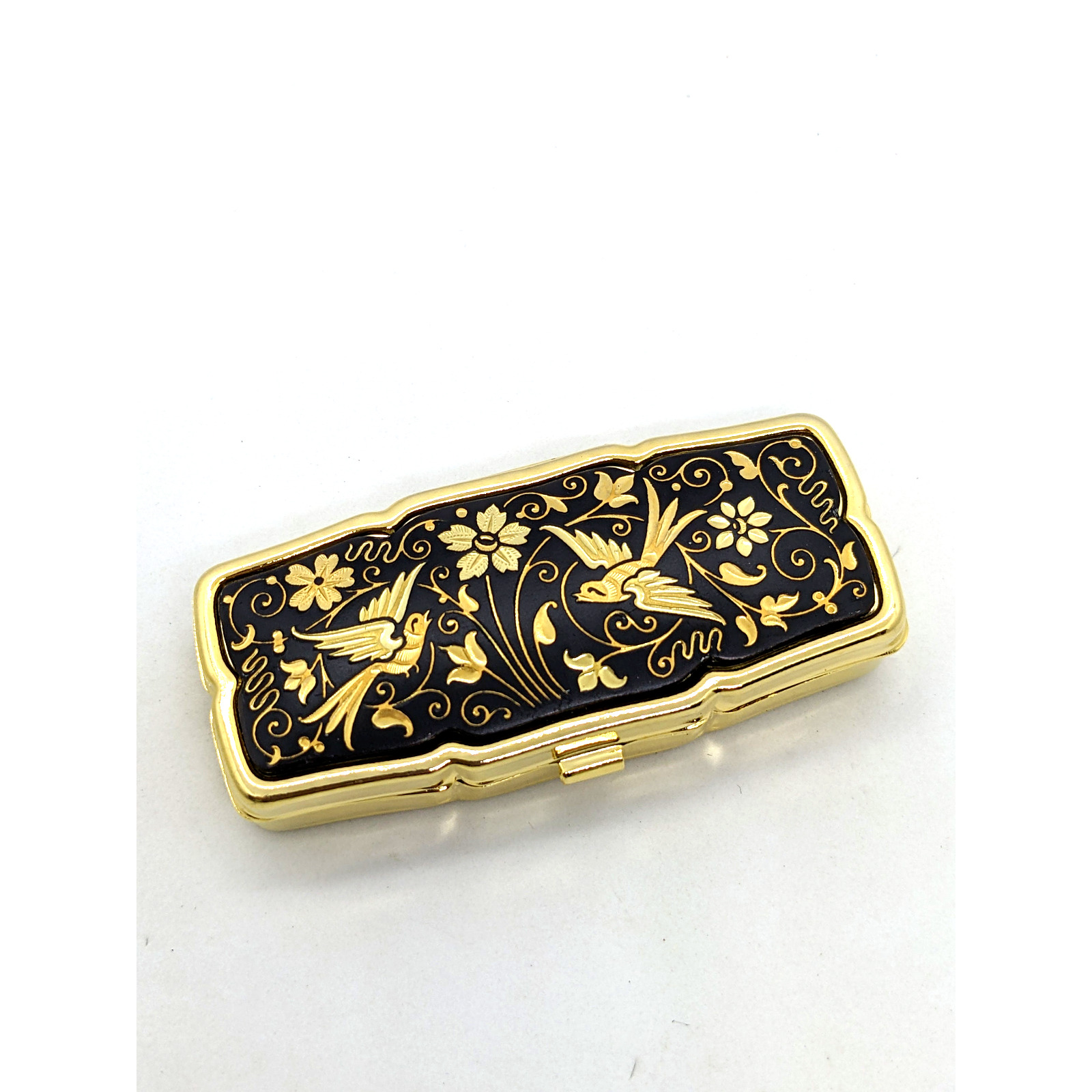 Vintage Damascene Spanish rectangular pill box from Spain 24K Gold & Steel Birds